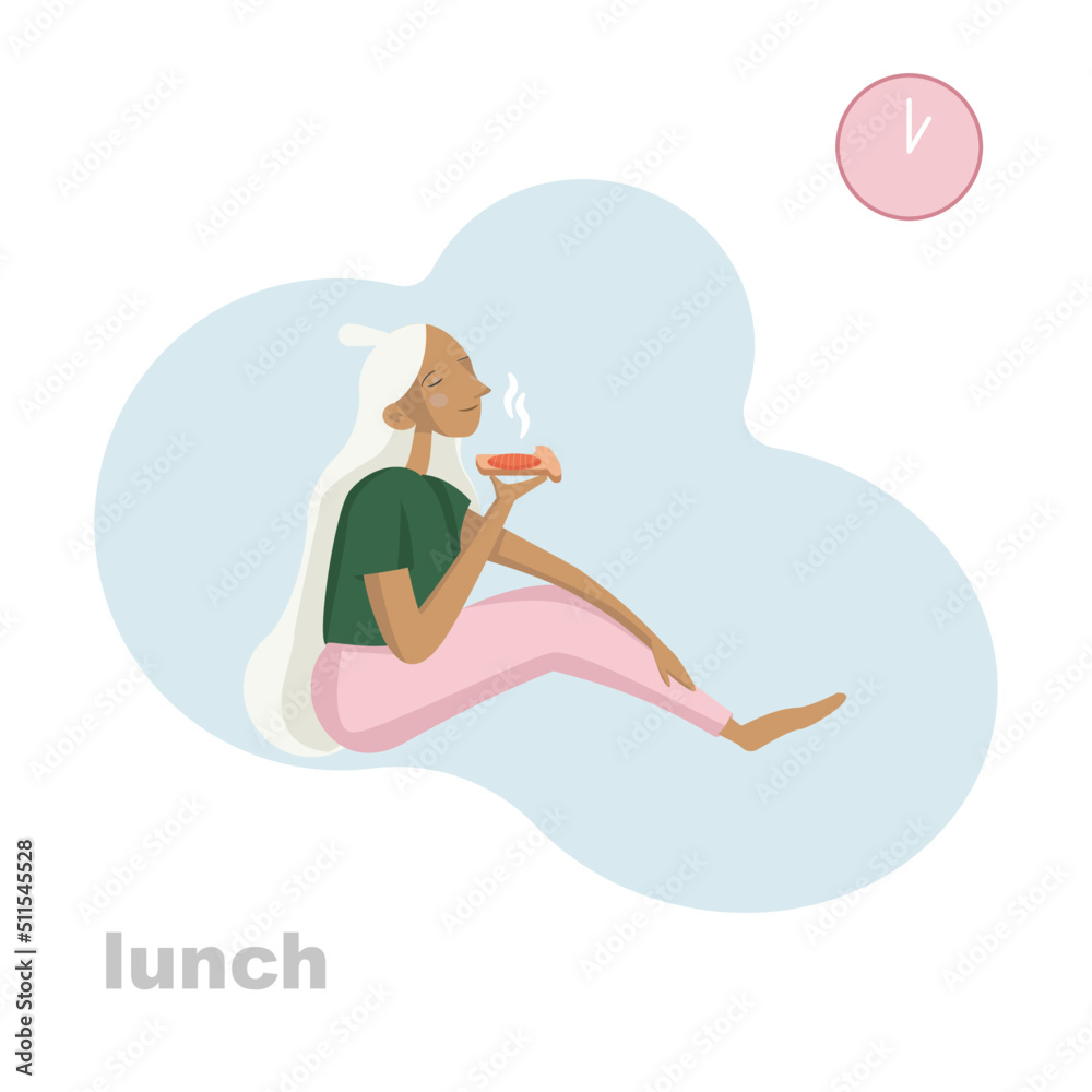 Obraz premium Flat style vector illustration isolated on white background.Pretty woman in green t-shirt and pink pants. In his hands she holds a sandwich with red fish.