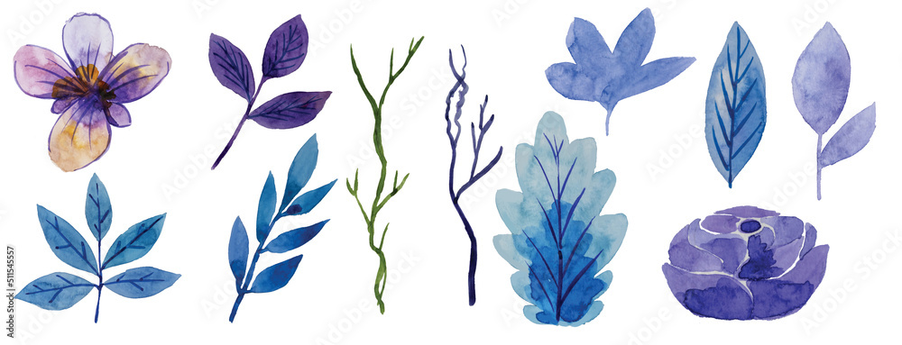 Obraz premium Watercolor painting of purple flowers and purple leaves in nature,watercolor background,2d illustration