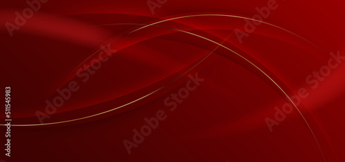 Abstract 3d elegant red background with gold lines curved wavy and copy space for text. Luxury style template design.