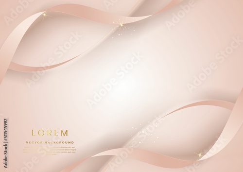 Abstract 3d rose gold curved ribbon on rose gold background with lighting effect and sparkle with copy space for text. Luxury design style.