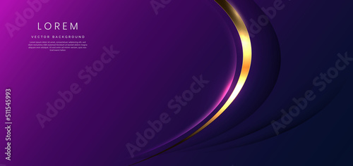 Abstract 3d gold curved ribbon on purple and dark blue background with lighting effect and sparkle with copy space for text. Luxury design style.