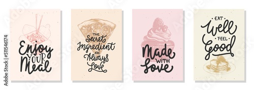 Set of 4 advertising cafe, fast, street, truck food and eating lettering posters, decoration, prints, cafe interior design. Hand drawn fast food sketches. Handwritten lettering. Mono line calligraphy.