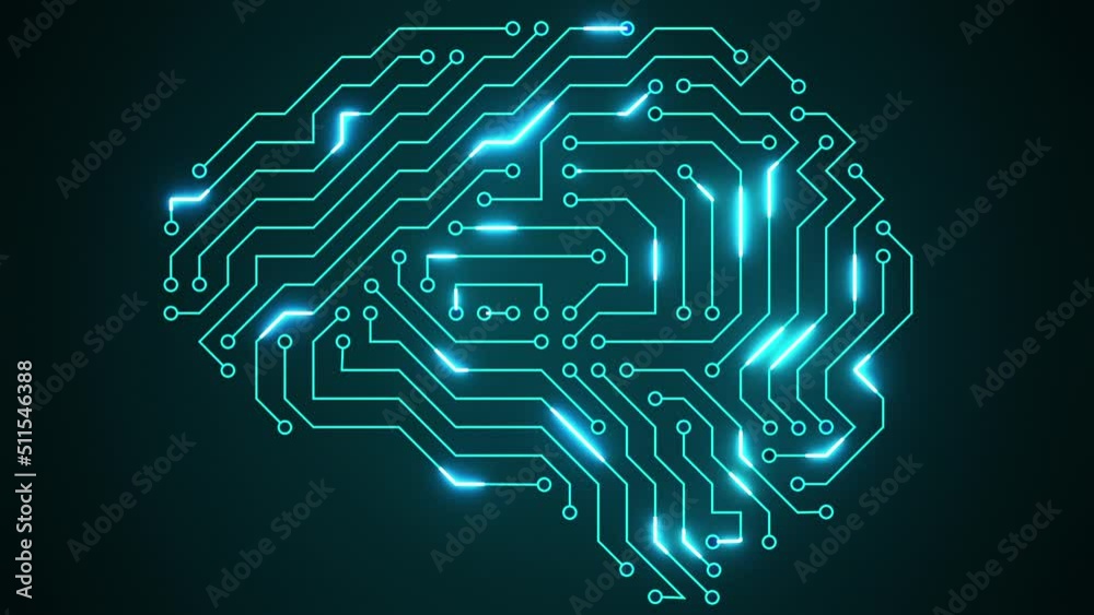 Digital Brain Artificial Intelligence Network Connection. Digital animation of a glowing brain with connected network of lines and dots in the foreground.