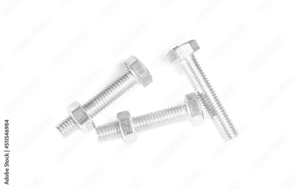 Metal bolts with hex nuts on white background, top view