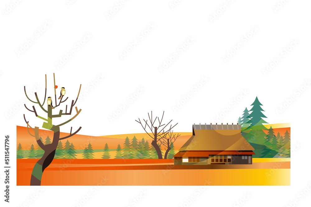 日本の古民家 合掌造りのある美しい山里の風景 StockIllustration Adobe Stock