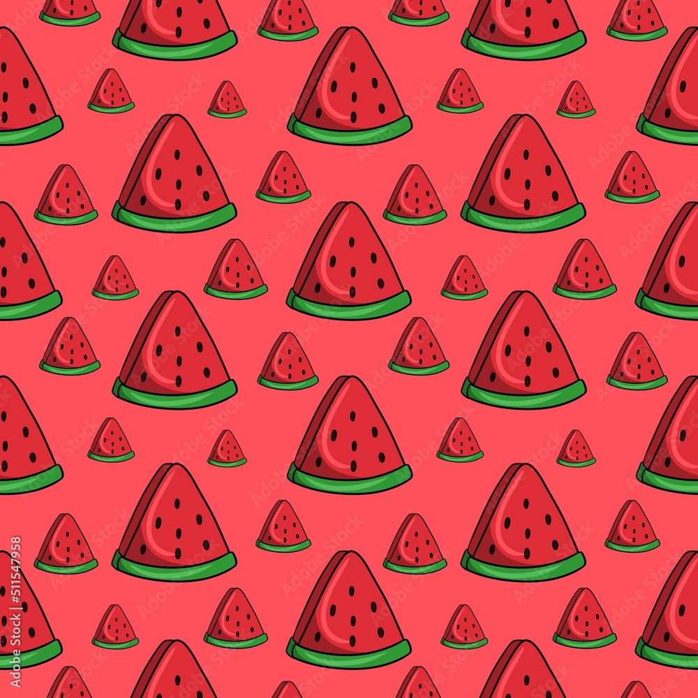 Red print, Bright red watermelon slice, sweet juicy dessert, seamless square pattern Red print, Bright red watermelon slice, sweet juicy dessert, seamless square pattern