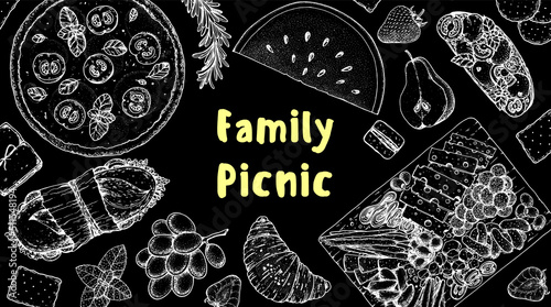 Picnic food top view. Hand drawn vector illustration. Food and drink sketch. Antipasti, pizza, sandwich, fruits, snacks for lunch or dinner. Summer Food top view frame.