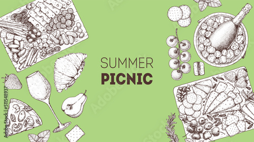 Picnic food top view. Hand drawn vector illustration. Food and drink sketch. Antipasti, pizza, sandwich, wine and snacks for lunch or dinner. Summer food top view.
