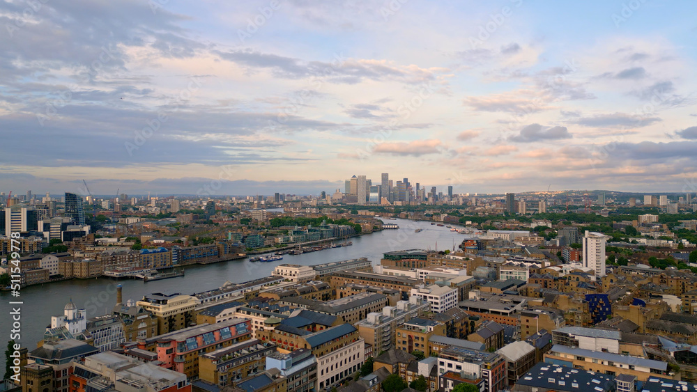 Aerial view over London and Canary Wharf