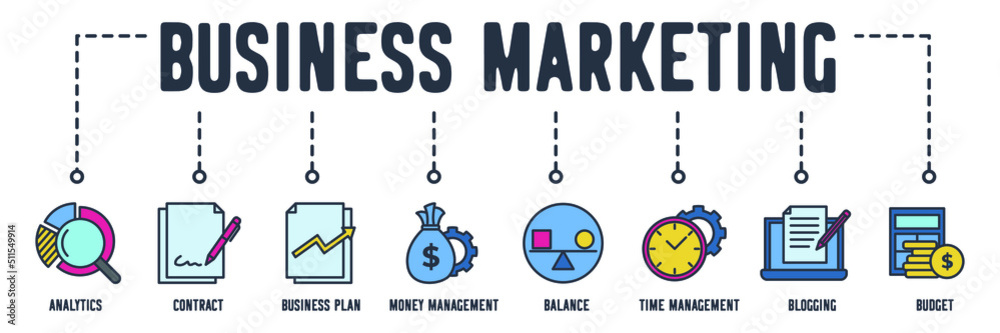 Business marketing banner web icon. analytics, contract, business plan, money management, balance, time management, blogging, budget vector illustration concept. Business marketing banner web icon. analytics, contract, business plan, money management, balance, time management, blogging, budget vector illustration concept.