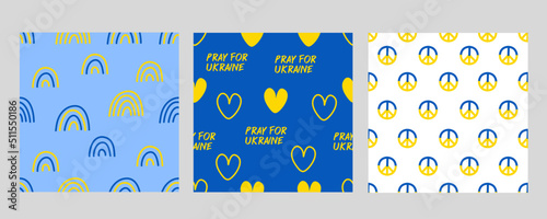 Ukraine elements seamless pattern set. Pray for Ukraine. Peace for Ukraine. Rainbow , heart and peace symbol vector.