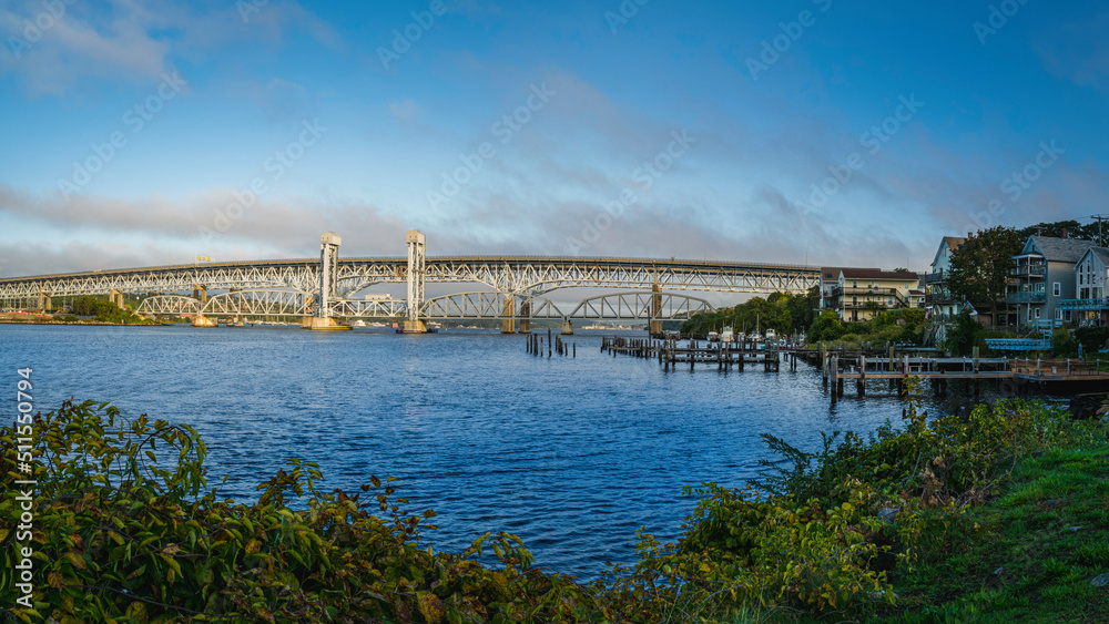 Gold Star Memorial Bridge in New London, Connecticut, the arching landmark suspending bridge over the Thames River.