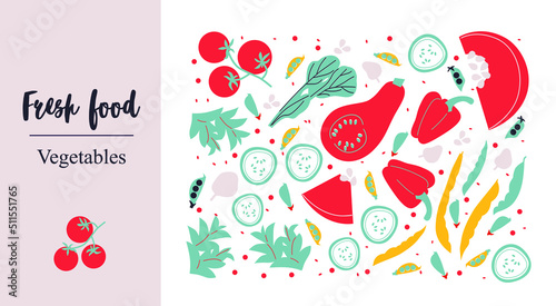 Fresh Food Vegetables. Cute appetizing Vegetables collection illustrations. Flat abstract Vector. Hand-drawn modern illustrations with Vegetables, abstract elements. Healthy lifestyle
