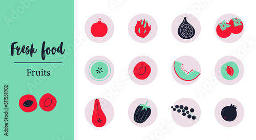 Fresh Food Fruits and berries. Instagram Highlights covers. Cute appetizing Fruits and berries collection icons. Flat Vector.