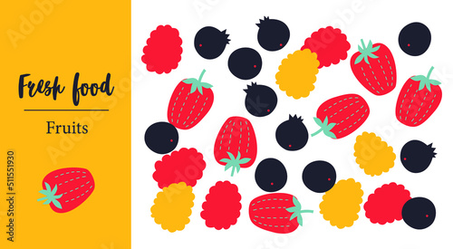 Fruits and berries set. Natural food banner in flat style. Fruits and berries in abstract shapes. Great for flyer, web poster, natural products presentation templates, cover design. Vector art