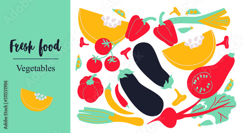 Fresh Food Vegetables. Cute appetizing Vegetables collection illustrations. Flat abstract Vector. Hand-drawn modern illustrations with Vegetables, abstract elements. Healthy lifestyle