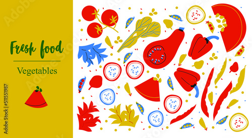 Fresh Food Vegetables. Cute appetizing Vegetables collection illustrations. Flat abstract Vector. Hand-drawn modern illustrations with Vegetables, abstract elements. Healthy lifestyle