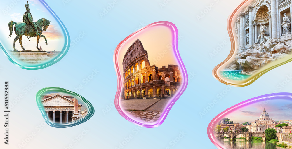 Roman Coliseum, Trevi Fountain, St. Peter Basilica in one collage of Rome, Italy