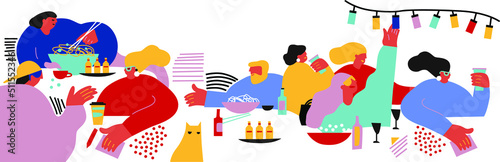 People spend time in cafe cartoon illustration. Funny characters drink and eat. Vector banner. For advertising and menu covers of restaurants and cafes
