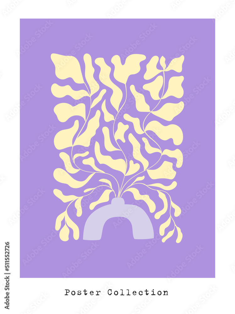Abstract groovy floral posters. Modern trendy Matisse minimal style. Hand drawn design for wallpaper, wall decor, print, postcard, cover, template, banner.