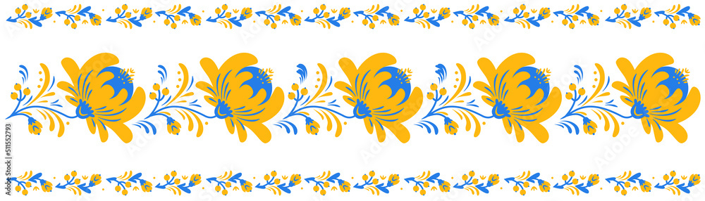 Obraz premium Ukraine ornament style of Petrykivka painting. Traditional paint folk flowers wreath for card, header, invitation, poster, social media, post publication. Ukrainian national embroidery.