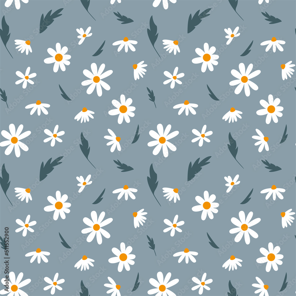 Seamless pattern of decorative flowers and chamomile leaves. Romantic vintage background for textile, fabric, decorative paper on a blue background.