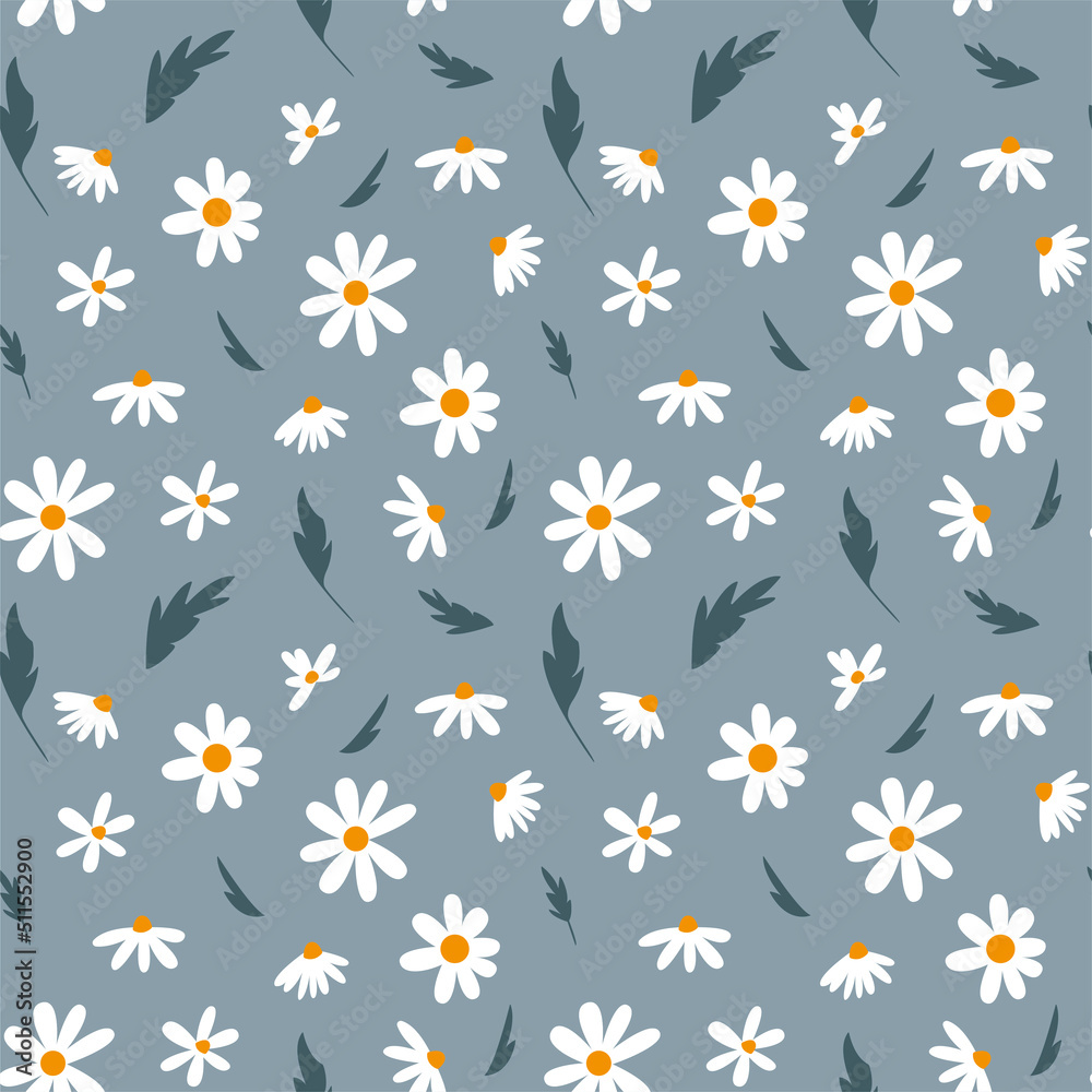 Seamless pattern of decorative flowers and chamomile leaves. Romantic vintage background for textile, fabric, decorative paper on a blue background. Seamless pattern of decorative flowers and chamomile leaves. Romantic vintage background for textile, fabric, decorative paper on a blue background.