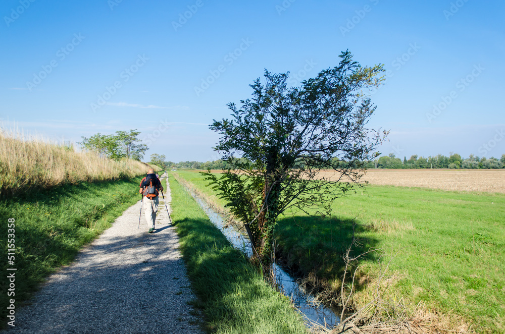 Un viandante cammina su una strada sterrata lungo la Via Flavia, cammino che segue la costa del Friuli Venezia Giulia da Lazzaretto ad Aquileia