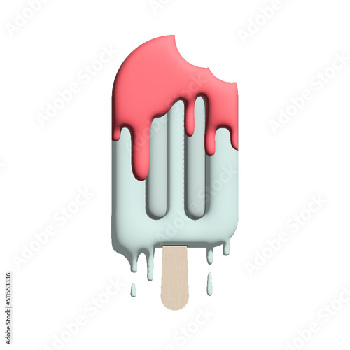 3D Illustration of Pink and Blue Popsicle Ice Lolly Melting and Dripping in the Heat with Wooden Stick