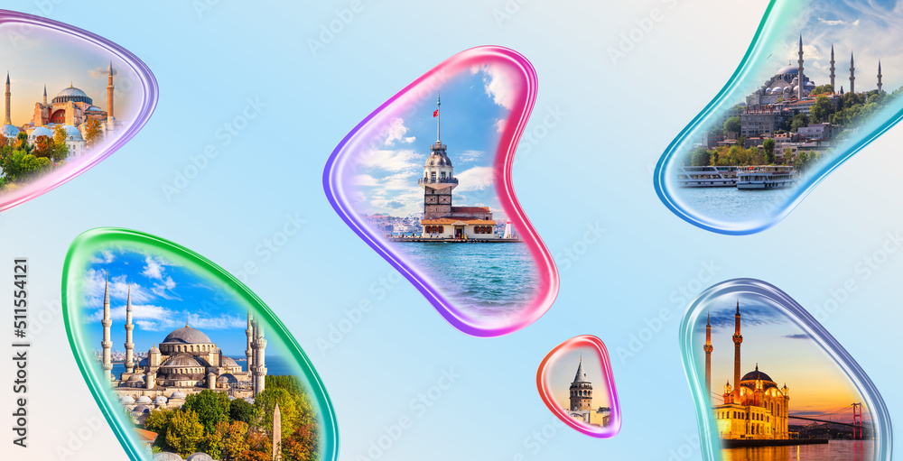 Most famous mosques of Istanbul in original collage photo of Turkey