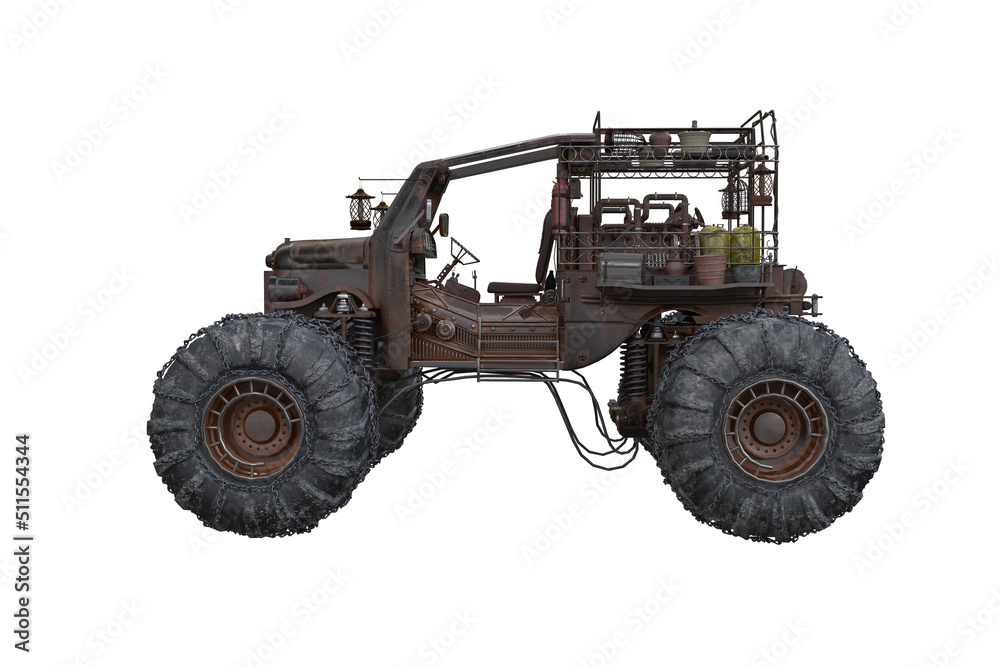 Obraz premium Fantasy post apocalyptic off road car with monster truck wheels viewed form side. 3D rendering isolated on white with clipping path.