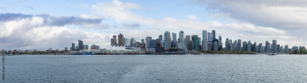 Panoramic View of Coal Harbour and Canada Place on the West Coast. Cloudy Sky Art Render. Downtown Vancouver, British Columbia, Canada.