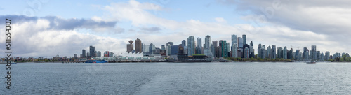 Panoramic View of Coal Harbour and Canada Place on the West Coast. Cloudy Sky Art Render. Downtown Vancouver, British Columbia, Canada.