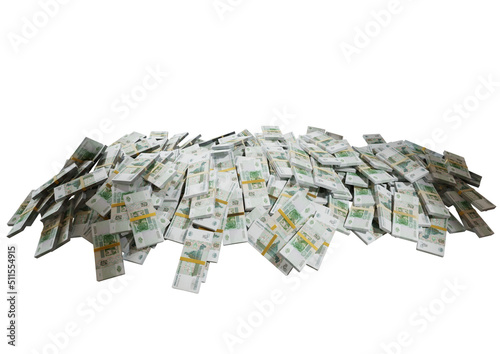 Stack Russian cash or banknotes of Rusia rubles scattered on a white background isolated The concept of Economic, Finance, Background, news, social media and texture of money 3d Rendering 5 Ruble