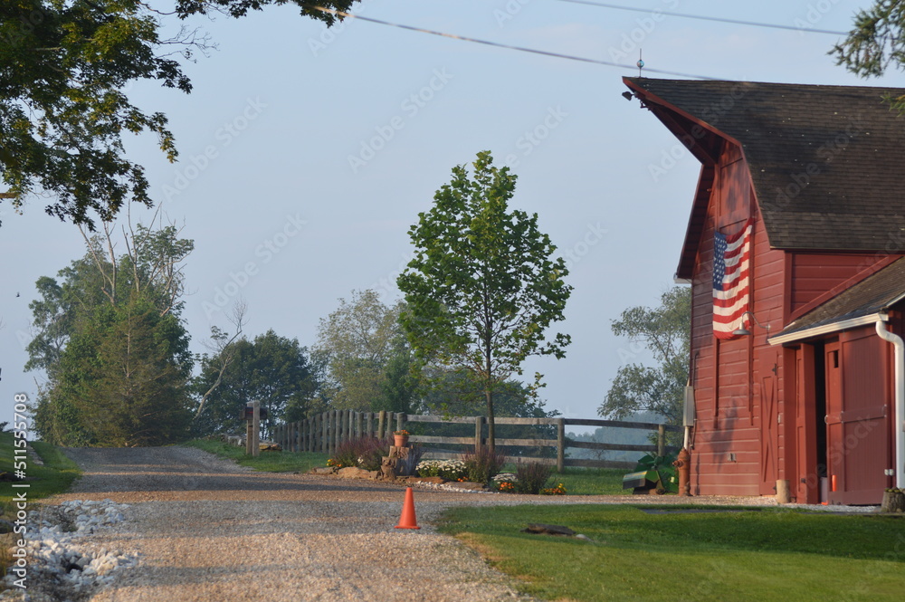 Country life farm horses barn America USA american flag road fence 