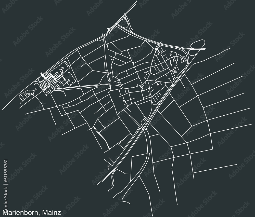 Detailed negative navigation white lines urban street roads map of the MARIENBORN DISTRICT of the German regional capital city of Mainz, Germany on dark gray background