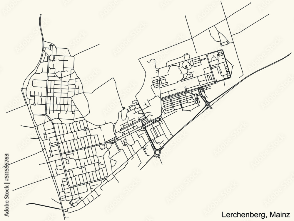 Fototapeta premium Detailed navigation black lines urban street roads map of the LERCHENBERG DISTRICT of the German regional capital city of Mainz, Germany on vintage beige background