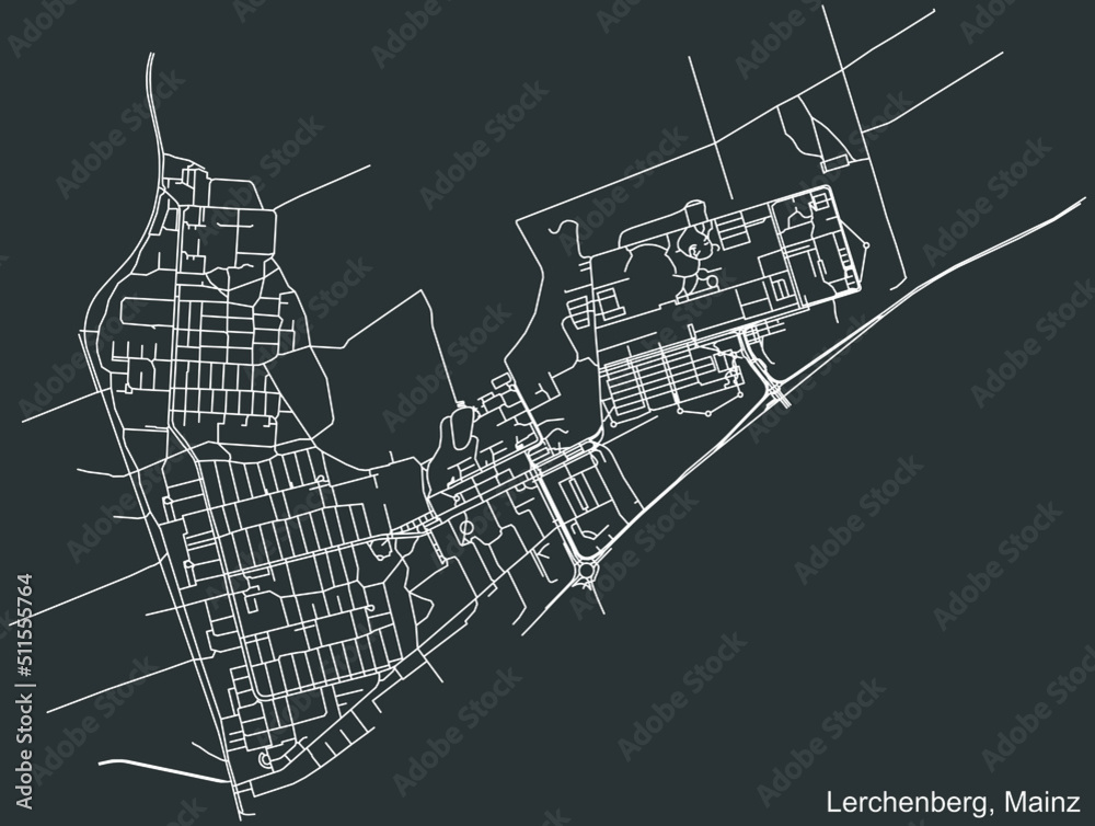 Detailed negative navigation white lines urban street roads map of the LERCHENBERG DISTRICT of the German regional capital city of Mainz, Germany on dark gray background