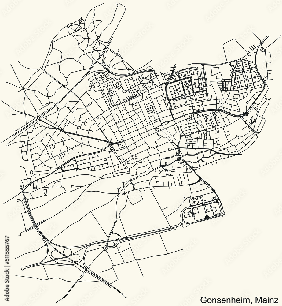 Detailed navigation black lines urban street roads map of the GONSENHEIM DISTRICT of the German regional capital city of Mainz, Germany on vintage beige background