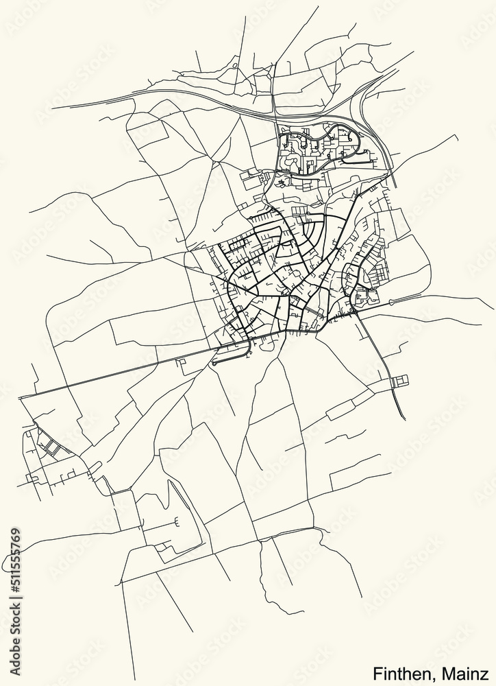 Detailed navigation black lines urban street roads map of the FINTHEN DISTRICT of the German regional capital city of Mainz, Germany on vintage beige background