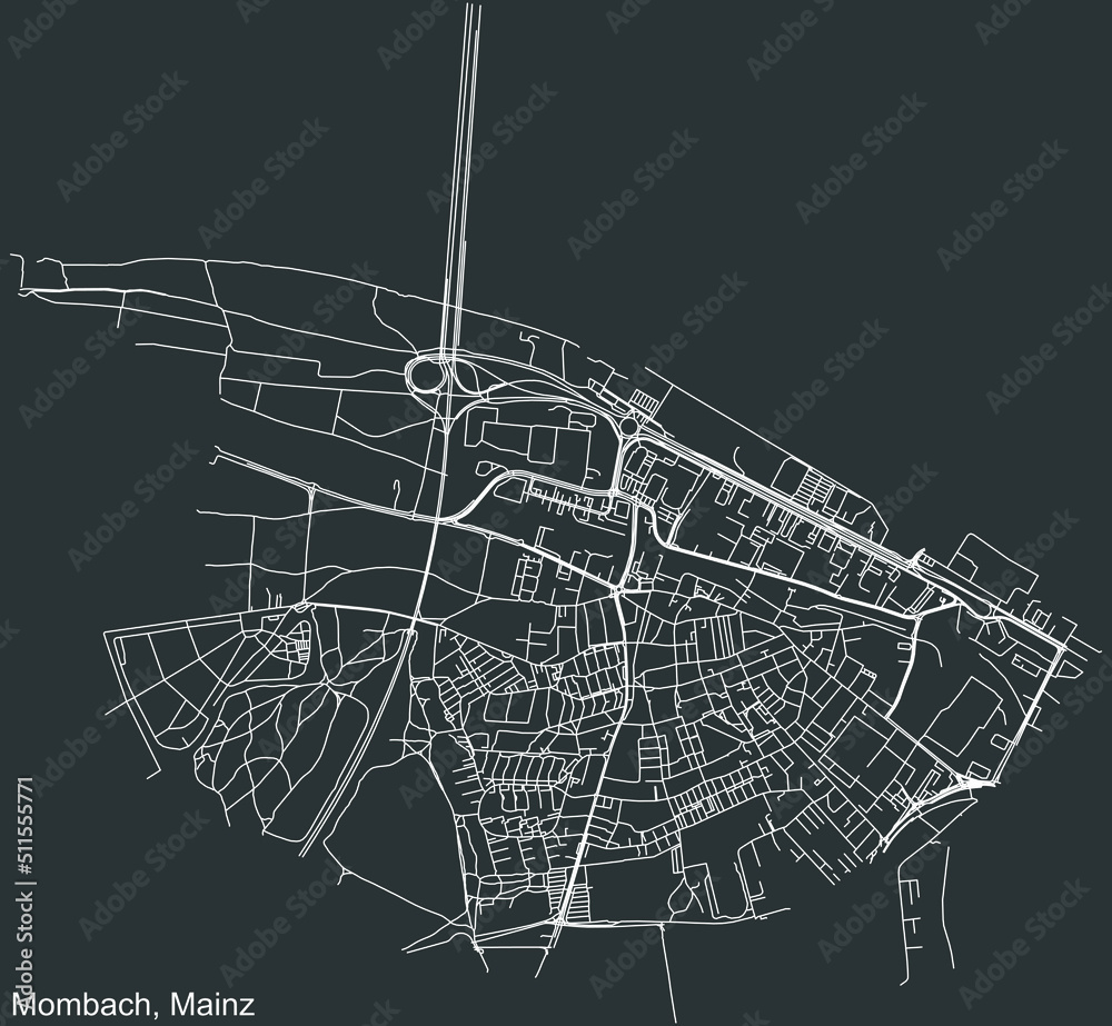 Detailed negative navigation white lines urban street roads map of the MOMBACH DISTRICT of the German regional capital city of Mainz, Germany on dark gray background