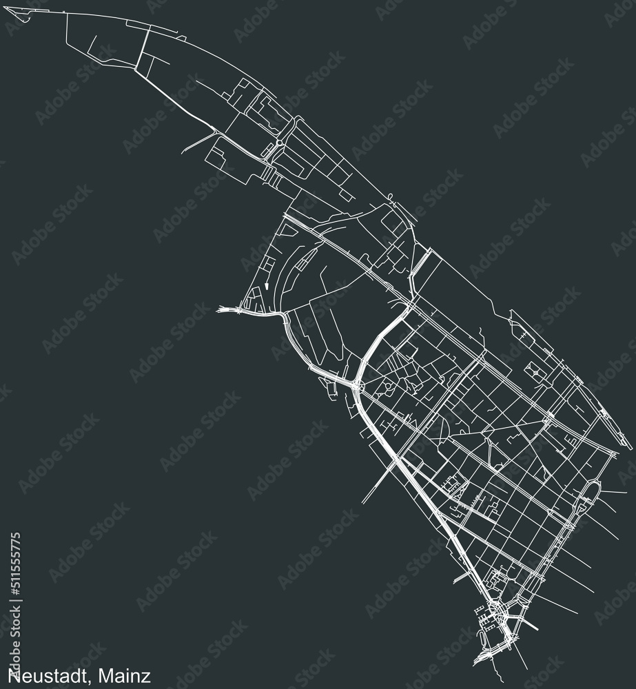 Detailed negative navigation white lines urban street roads map of the NEUSTADT DISTRICT of the German regional capital city of Mainz, Germany on dark gray background