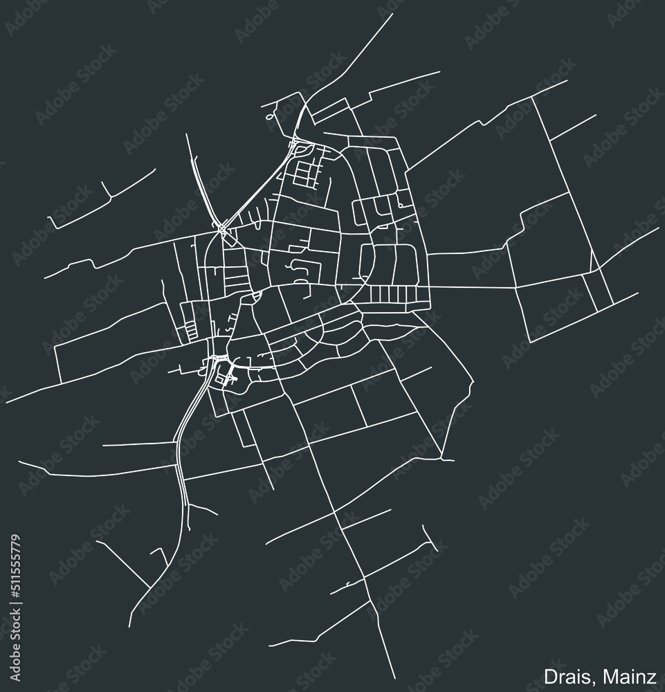 Detailed negative navigation white lines urban street roads map of the DRAIS DISTRICT of the German regional capital city of Mainz, Germany on dark gray background