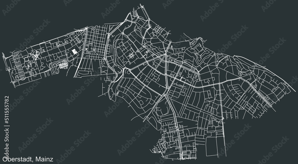 Detailed negative navigation white lines urban street roads map of the OBERSTADT DISTRICT of the German regional capital city of Mainz, Germany on dark gray background