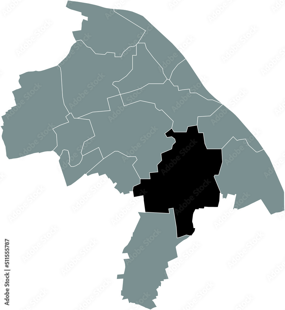 Obraz premium Black flat blank highlighted location map of the HECHTSHEIM DISTRICT inside gray administrative map of Mainz, Germany