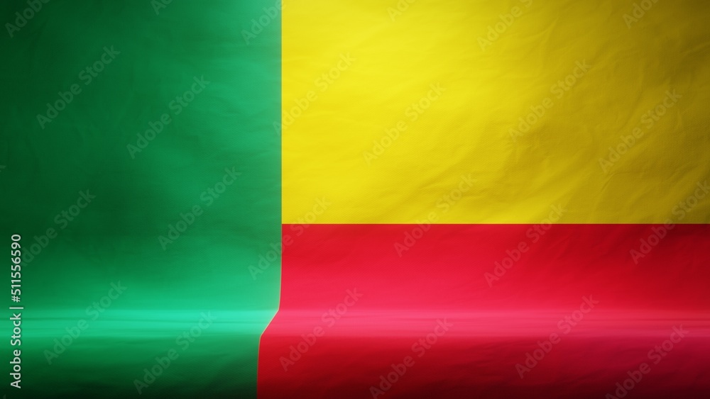Studio backdrop with draped flag of Benin for presentation or product display. 3D rendering