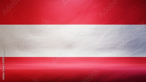 Studio backdrop with draped flag of Austria for presentation or product display. 3D rendering