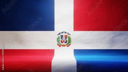 Studio backdrop with draped flag of the Dominican Republic for presentation or product display. 3D rendering