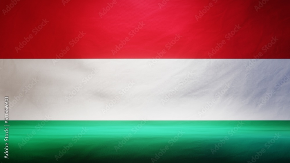 Studio backdrop with draped flag of Hungary for presentation or product display. 3D rendering