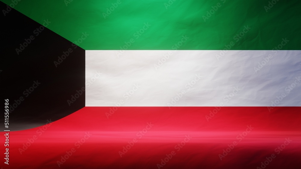 Studio backdrop with draped flag of Kuwait for presentation or product display. 3D rendering